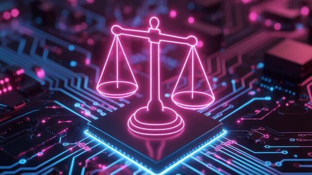 A video showcasing a neon-lit scale on a circuit board, symbolizing justice and technology in a modern digital landscape.