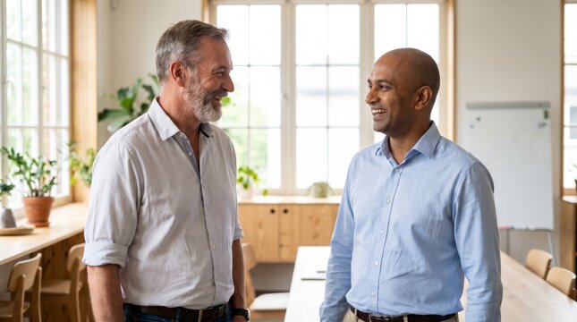 Multigenerational business partners smiling together at bright office workspace