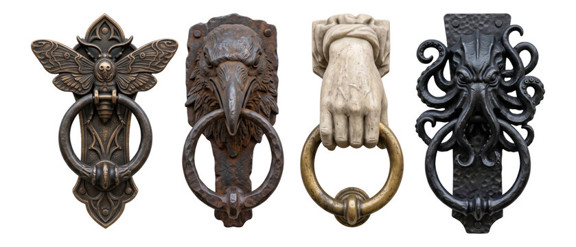 four gothic door knockers displayed together