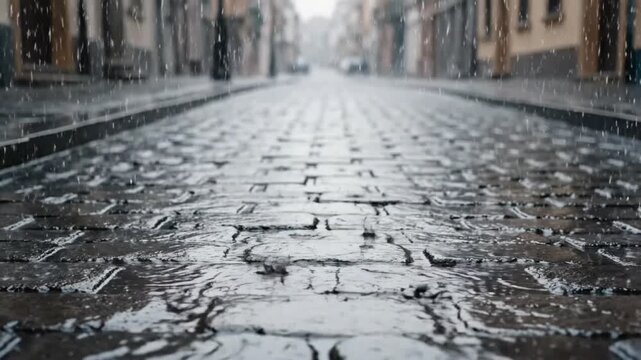 Rainy cobblestone street with falling raindrops and reflections atmospheric urban scene moody weather cinematic