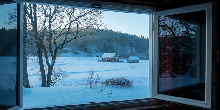 View through an open window of a snow-covered landscape with a cozy cabin and surrounding trees