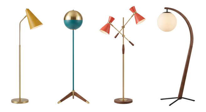 four colorful mid-century floor lamps displayed together