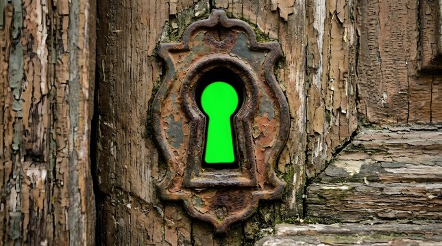 Rusty ornate keyhole on a weathered wooden door with a green chroma key screen behind it
