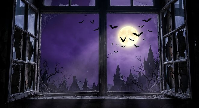 View through a broken window of a haunted castle under a full moon. Dark night sky with flying bats over a spooky landscape. Halloween background for mysterious and eerie design.