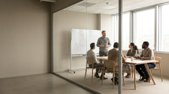 Mature facilitator leading brainstorm with diverse team in bright meeting room