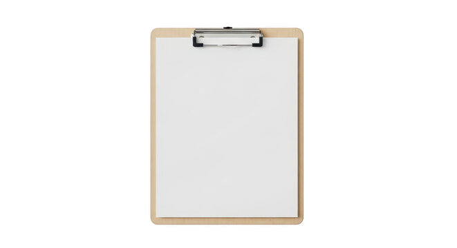 Wooden clipboard with a blank white sheet of paper isolated on transparent background