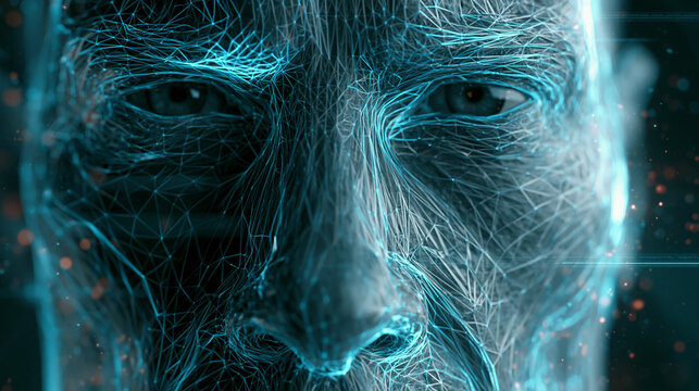 Futuristic digital human face made of glowing blue network lines.
