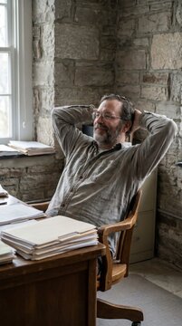 Relaxed senior man leaning back at a quiet desk in rustic stone office