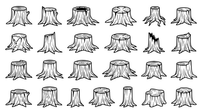 Variety of tree stump illustrations for forest and nature design projects isolated on white background in black and white line art sketch style for professional graphic designers