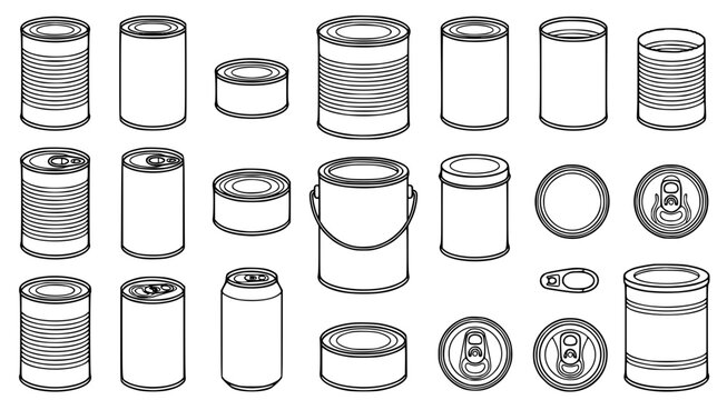 Collection of metal food can icons and food storage containers in various shapes and views for pantry and grocery design projects isolated on white background in line art style