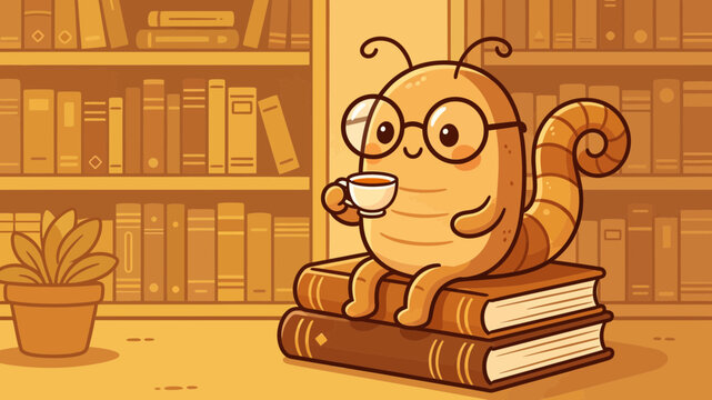 Cute cartoon bookworm wearing glasses sitting on books drinking tea