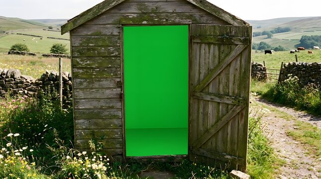 Weathered wooden shed with a green screen doorway in a pastoral hillside field