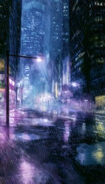 Melancholy city rain a watercolor illustration of neon reflections on wet asphalt at night