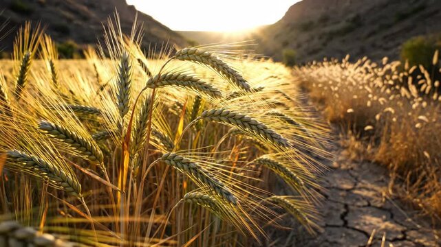 Golden barley ears arch beside a cracked trail in an arid valley at sunset, revealing a hardy grain crop near harvest despite intense heat, meager rainfall, dusty ground, and prolonged water stress