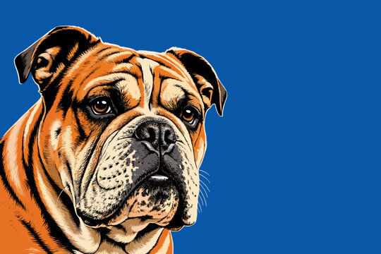 English Bulldog Dog Portrait Vector Illustration Serious Expression Blue Background Banner Copy Space Security Guard Mascot Pet Care Marketing Advertising