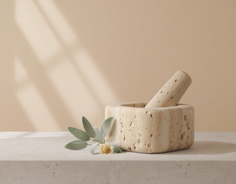 Natural marble mortar and pestle set with botanical herbs on stone surface against warm background