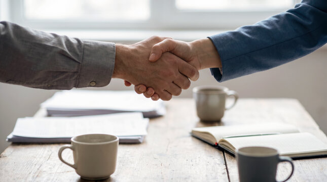 Close up of businessmen shaking hands over documents and coffee at desk
