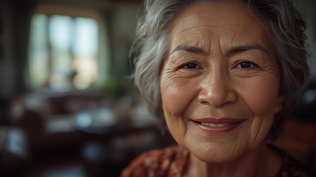 Smiling elderly woman portrait in warm cozy indoor light, senior face smile, natural indoor room
