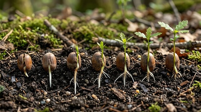 Sequence of acorn growth from seed to sapling in forest soil