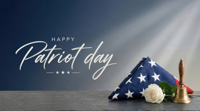 Folded American flag with a white rose and a brass bell on a dark surface, Patriot Day observance, memorial tribute for September 11 remembrance and national honor