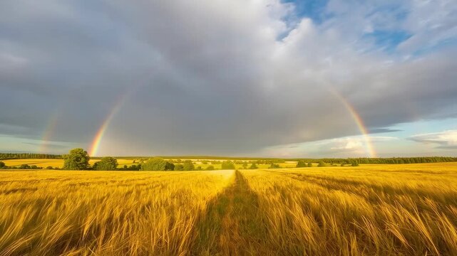 Golden Wheat Field Under Rainbow Sky, Cloudy Horizon, Rural Path Scene