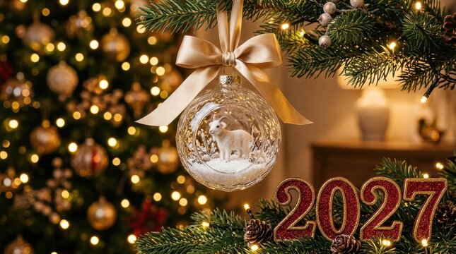 Festive Countdown. Glass reindeer ornament, Christmas tree branches and 2027 decoration, New Year celebration, seasonal greetings and holiday invitations