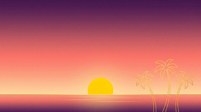 Retro synthwave sunset over ocean, tropical palm tree silhouettes on beach, vibrant purple and pink gradient sky background