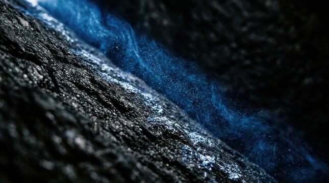 Ethereal Energy. Blue luminous particles flowing over a dark rough rock surface, cosmic energy discharge, abstract background for technology and science concepts