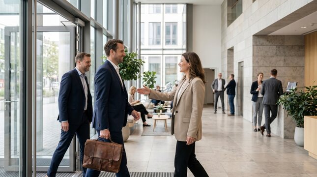 Businesswoman welcoming clients with a briefcase in a busy office lobby