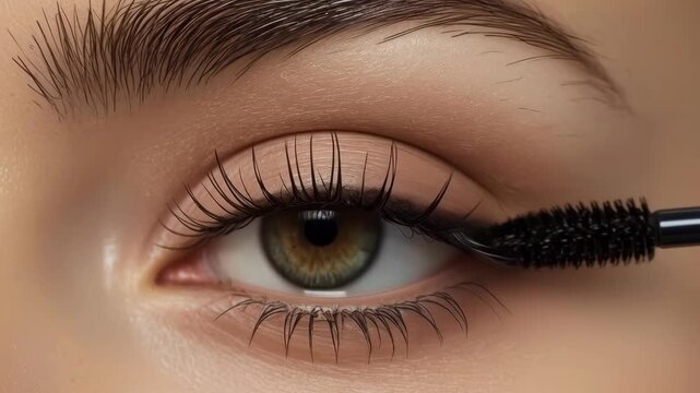 Closeup eye makeup, eyelash brush, natural eyebrow beauty routine, mascara application
