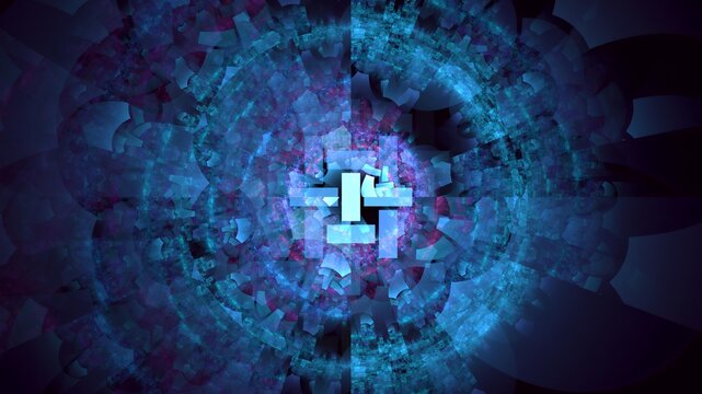 Illustration created as a 3D render without generative AI, abstract futuristic energy burst and geometric cosmic light background