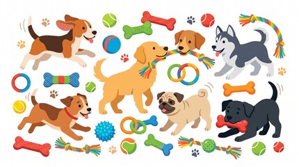 Obraz premium Delightful cartoon illustration featuring a happy assortment of dogs playing with colorful pet toys, including bones, balls, and rope toys, conveying canine joy