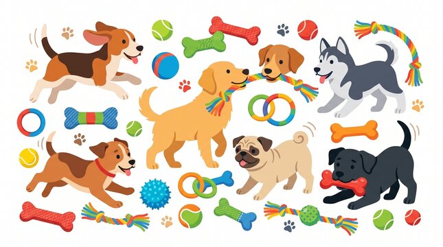 Delightful cartoon illustration featuring a happy assortment of dogs playing with colorful pet toys, including bones, balls, and rope toys, conveying canine joy