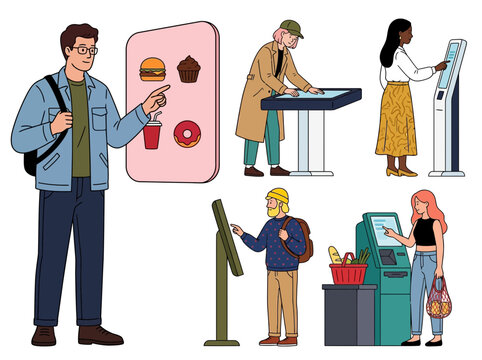 Diverse People Using Self-Service Kiosks and Digital Interactive Terminals Set