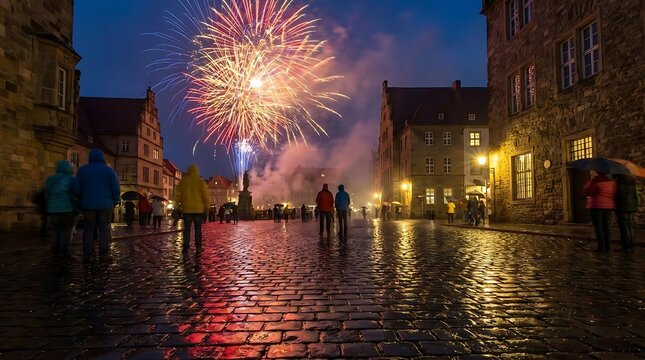 Fireworks exploding over historic European town square at night.