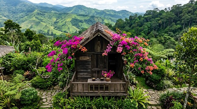 Rustic tropical hut with blooming bougainvillea in mountain landscape