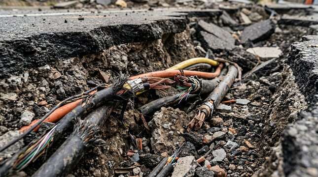 Damaged underground cables ruptured by earthquake. Fractured soil and exposed electrical wires beneath cracked pavement.