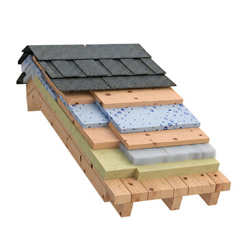Cross section of modern insulated roof construction with insulation construction architecture building material efficiency structure technical engineering exterior retrofit contractor