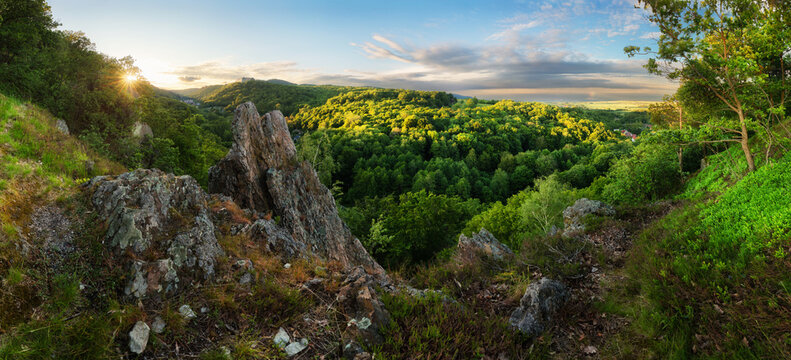 Panorama landscape with spring green forest in Slovakia near castle Cerveny Kamen