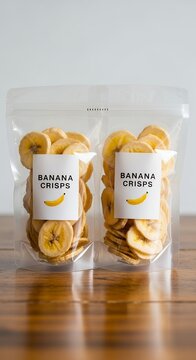 Transparent bags filled with banana crisps against a wooden table background