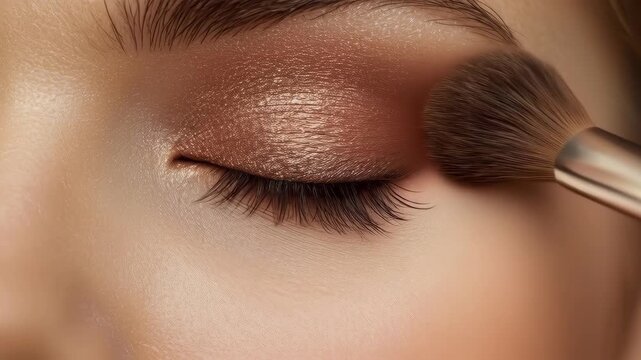 Closeup Eye Makeup with Eyelid, Cosmetic Brush, Soft Skin, and Closed Eye