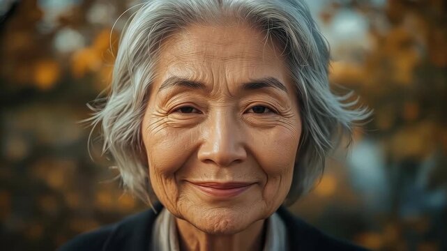 Smiling elderly asian woman portrait with gray hair and calm autumn background