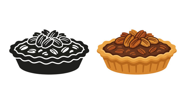 Pecan pie illustration in color and black silhouette against a white background