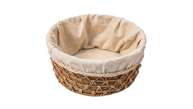 Empty round woven wicker basket bowl with textile liner isolated on transparent background