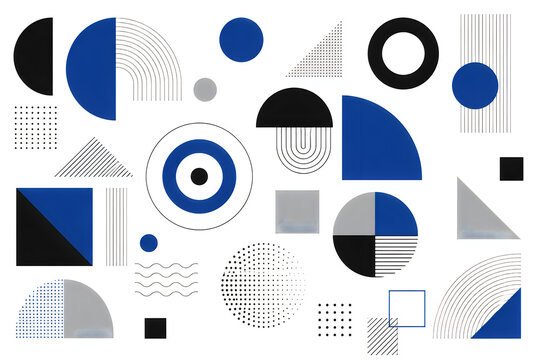 Bauhaus geometric pattern with blue and black shapes. Minimalist abstract composition. Modern graphic design elements on white background.