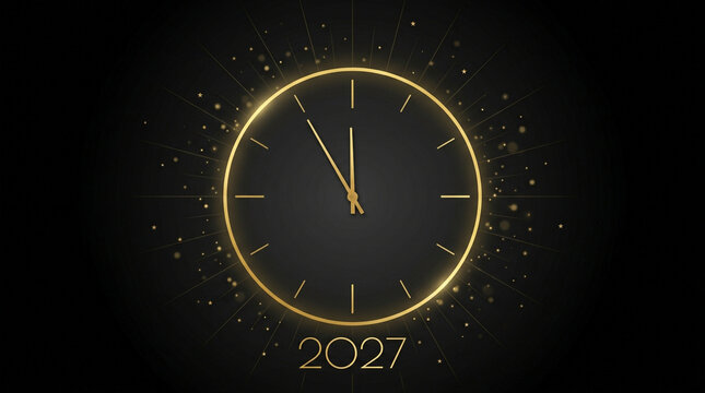 Golden 2027 New Year clock on black background. Elegant midnight countdown timer with gold sparkles. Luxury festive watch face.