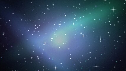 A beautiful abstract background featuring a deep blue and green nebula with glowing stars and cosmic dust particles © Alok