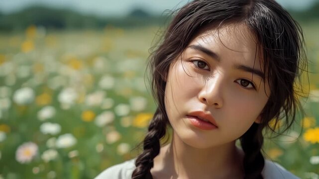 Young woman portrait in flower field with braided hair, wildflower meadow, natural light
