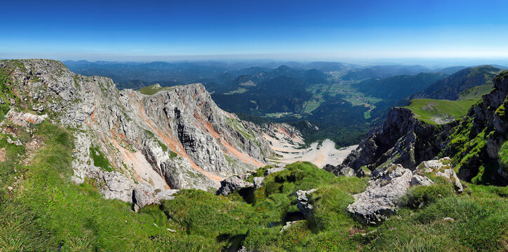 Panoramic View of Schneeberg in Alp - Lower Austria. Rocky panorama from Kaiserstein with Puchberg village.
