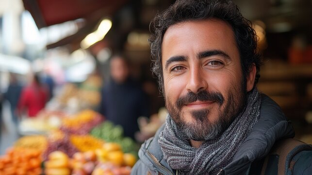 Smiling man enjoying a vibrant market experience